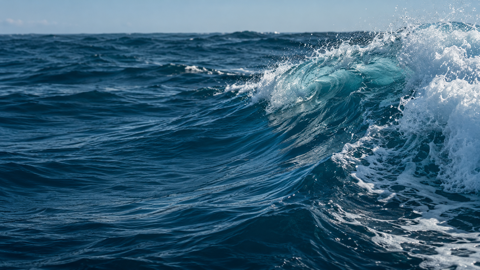An illustrative view of a deep blue ocean wave, with a curling crest and white spray
